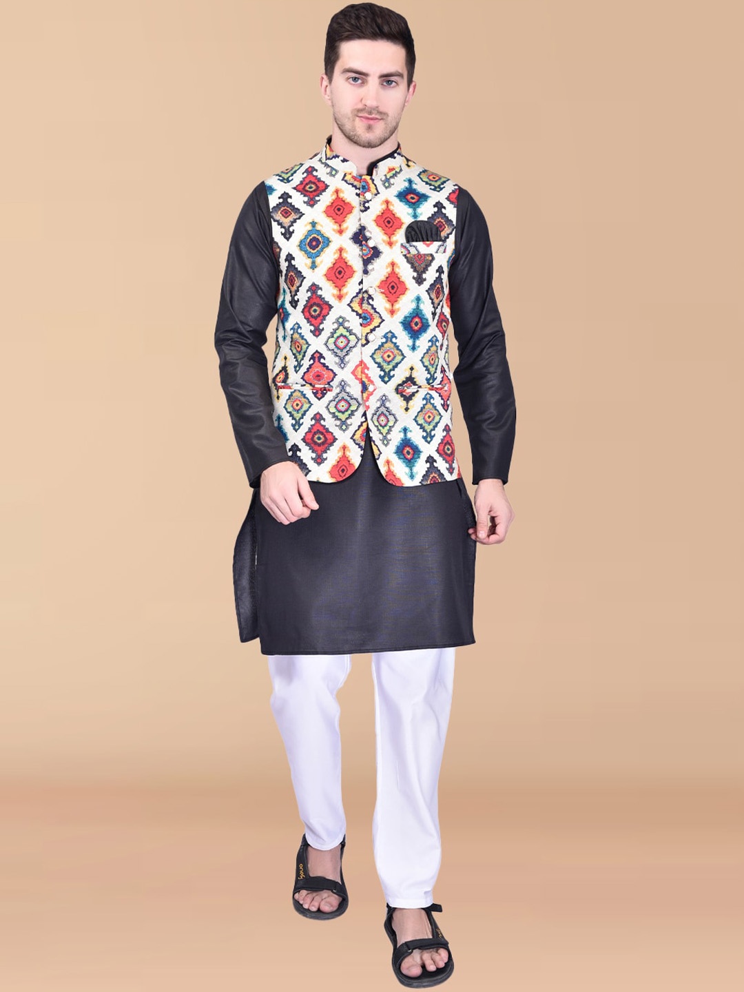 

PRINTCULTR Mandarin Collar Long Sleeves Regular Cotton Kurta With Pyjamas & Nehru jacket, Black