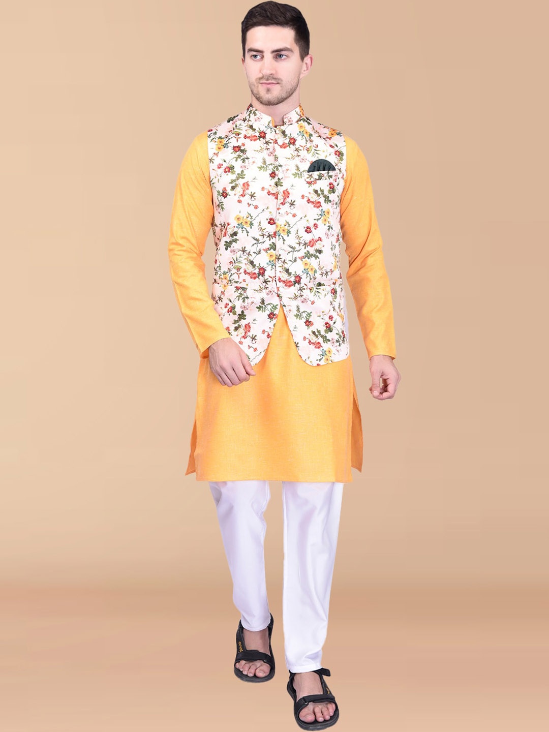 

PRINTCULTR Regular Pure Cotton Kurta with Trousers & Nehru jacket, Yellow