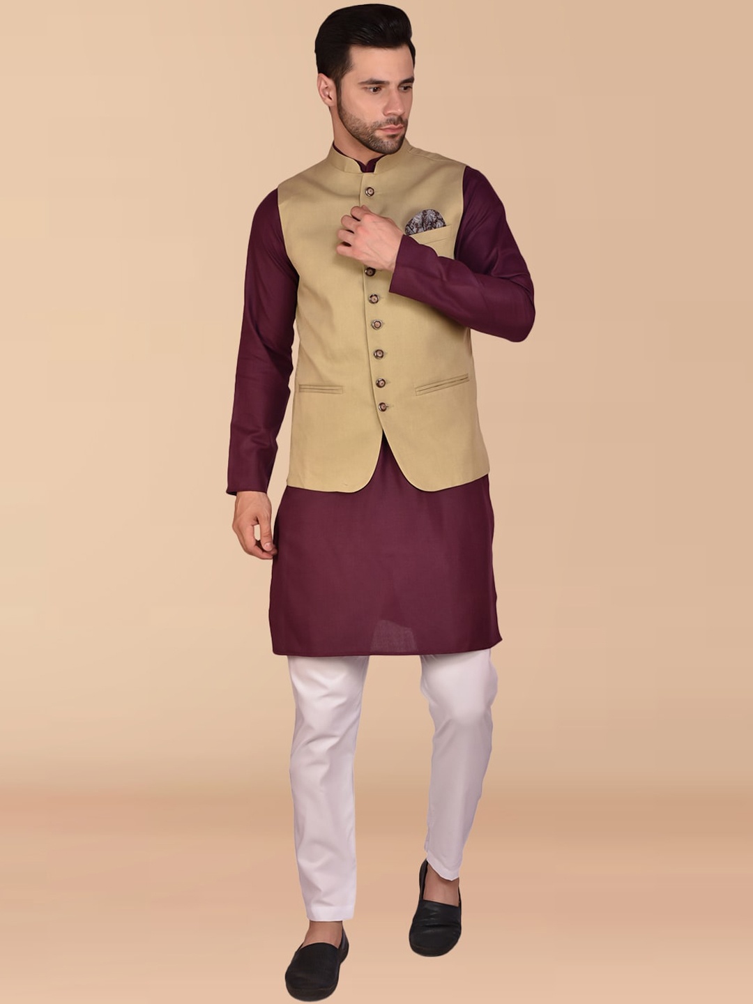 

PRINTCULTR Regular Pure Cotton Kurta with Trousers & Nehru jacket, Magenta