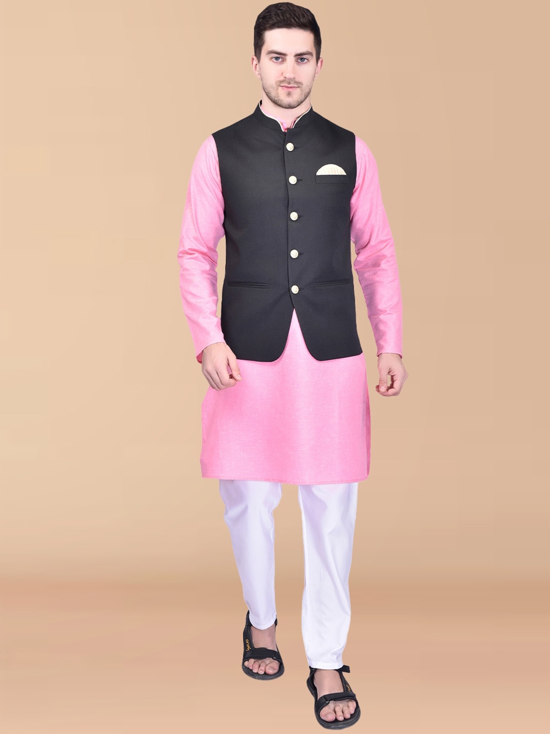 

PRINTCULTR Mandarin Collar Pure Cotton Kurta With Trousers, Pink
