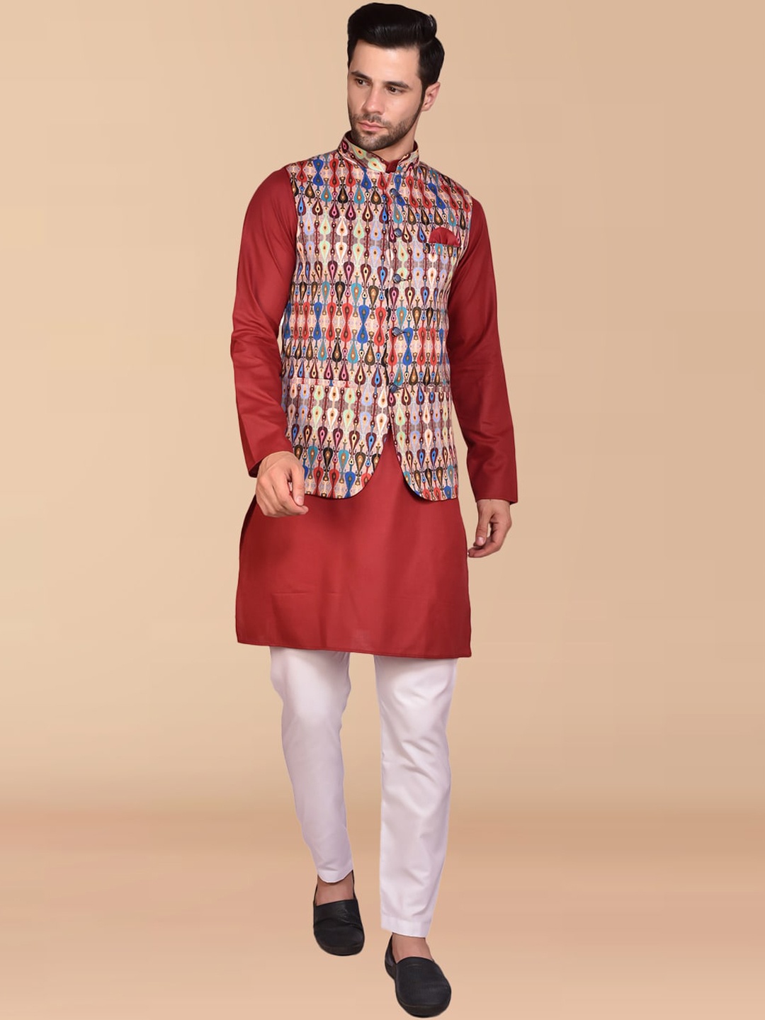 

PRINTCULTR Band Collar Pure Cotton Straight Kurta With Trouser & Nehru Jacket, Maroon
