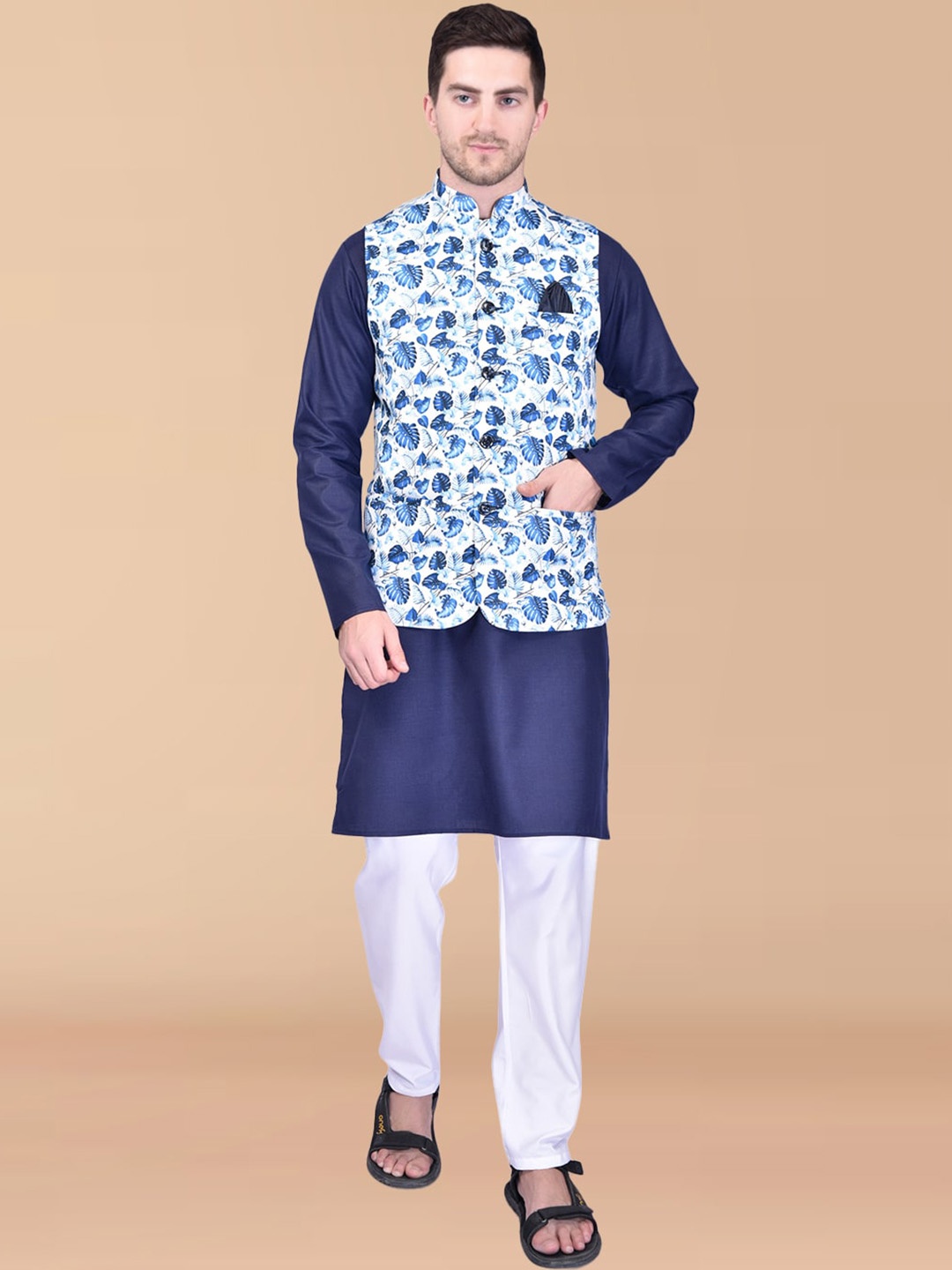 

PRINTCULTR Pure Cotton Straight Kurta With Pyjamas & Nehru Jacket, Navy blue