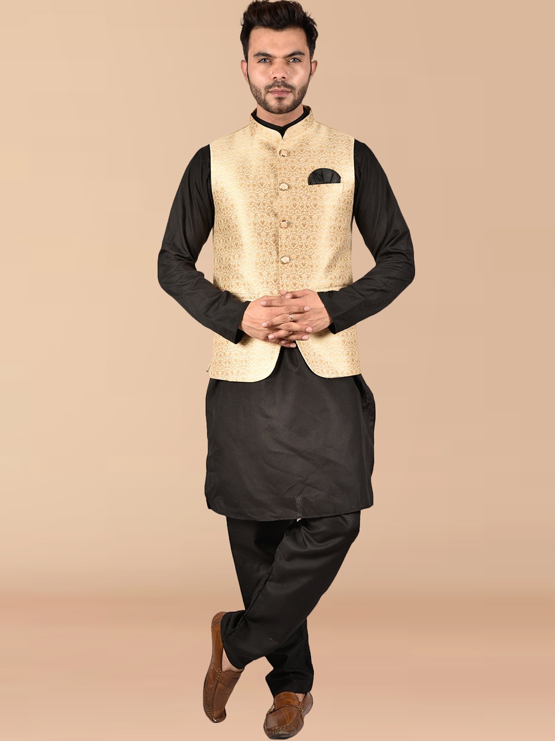 

PRINTCULTR Mandarin Collar Pure Cotton Straight Kurta With Pyjamas & Nehru Jacket, Black