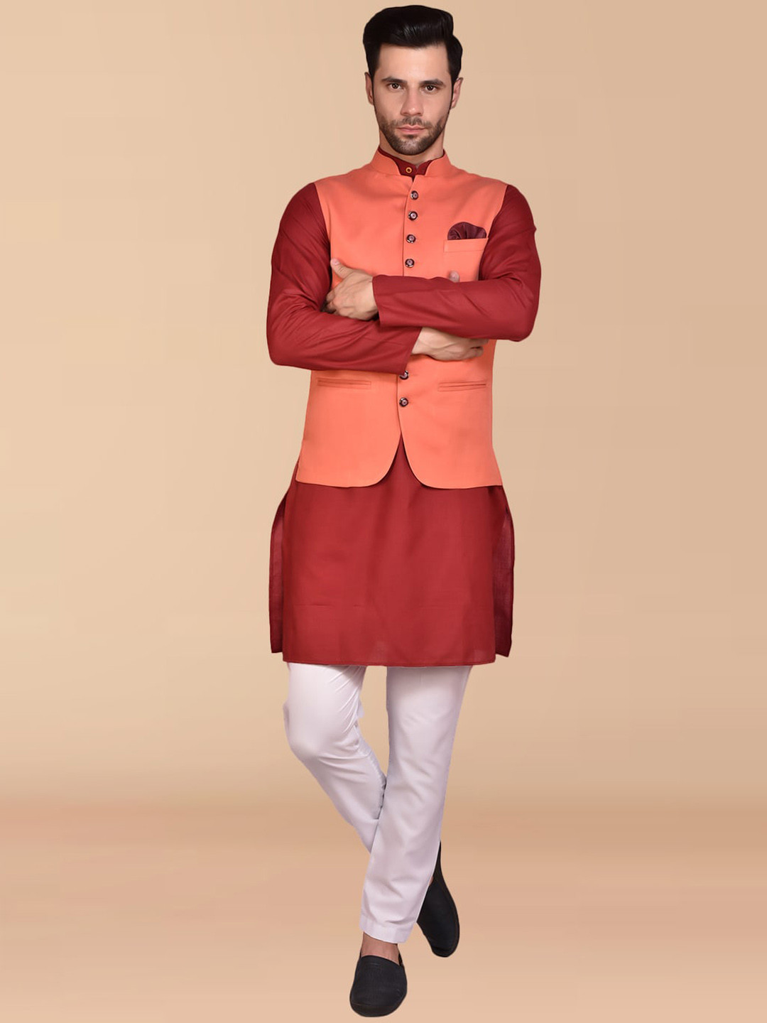 

PRINTCULTR Mandarin Collar Pure Cotton Straight Kurta & Trousers With Nehru jacket, Maroon