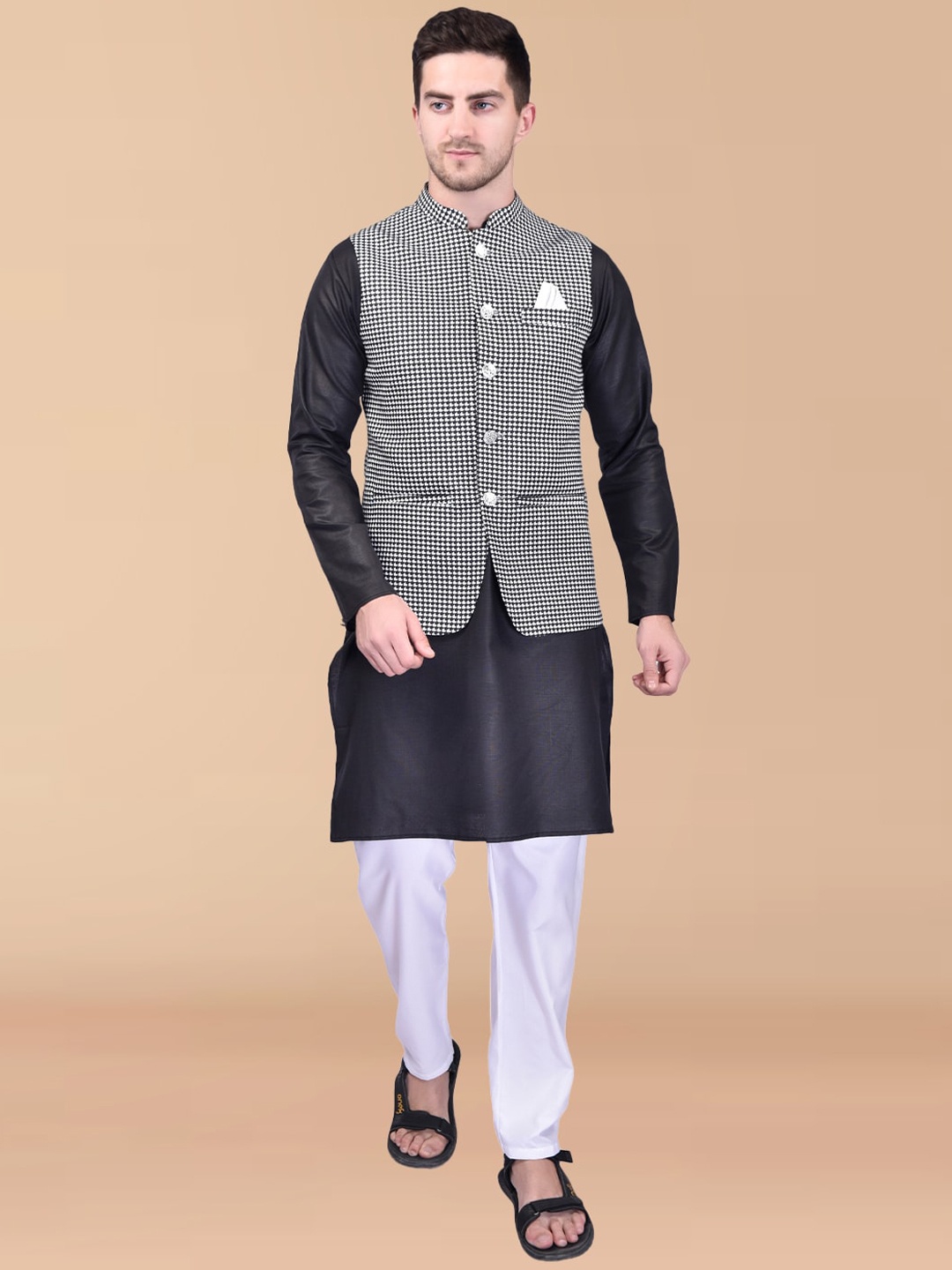 

PRINTCULTR Mandarin Collar Pure Cotton Kurta With Trousers & Printed Nehru jacket, Black