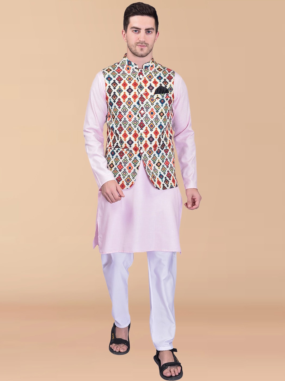 

PRINTCULTR Pure Cotton Mandarin Collar Kurta With Trousers & Nehru jacket, Pink