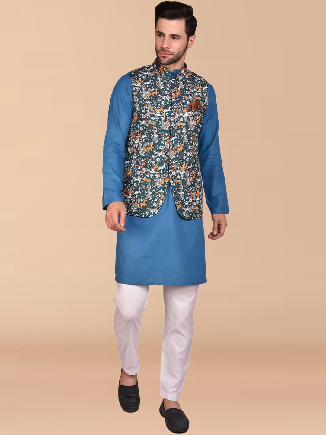 

PRINTCULTR Regular Pure Cotton Kurta with Trousers & Nehru jacket, Blue