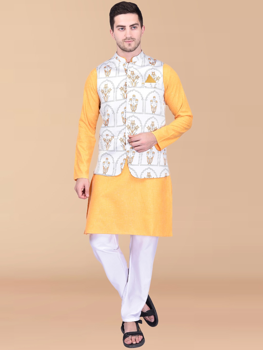 

PRINTCULTR Band Collar Pure Cotton Straight Kurta & Pyjama With Nehru Jacket, Yellow