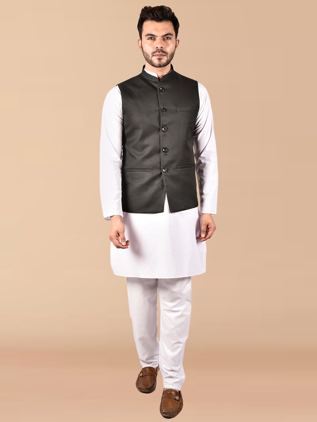 

PRINTCULTR Mandarin Collar Pure Cotton Kurta With Trousers, White