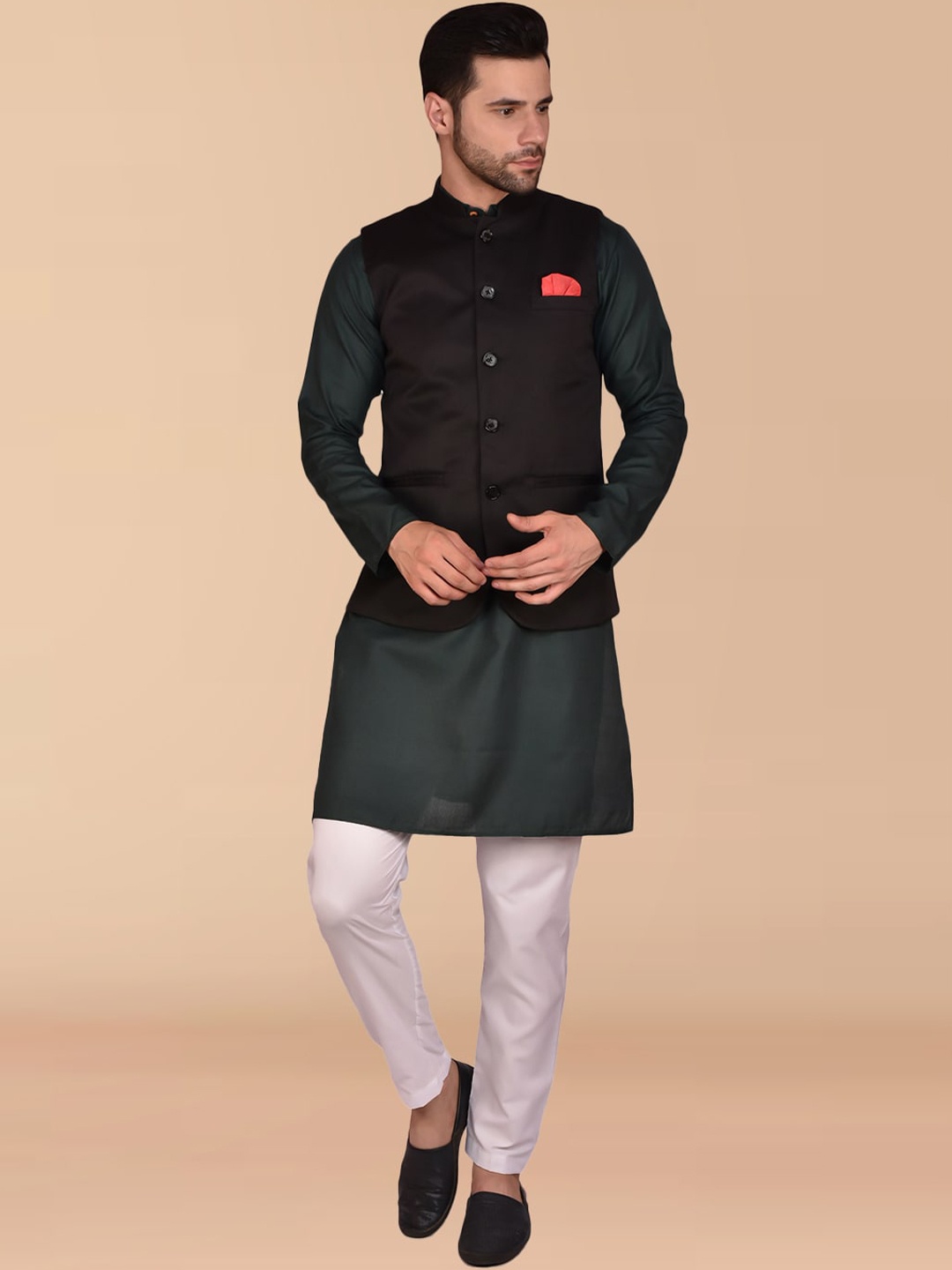 

PRINTCULTR Band Collar Pure Cotton Straight Kurta With Trouser & Nehru Jacket, Black