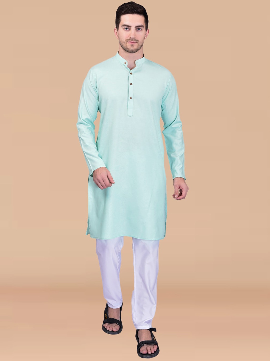 

PRINTCULTR Mandarin Collar Pure Cotton Kurta With Pyjama, Blue