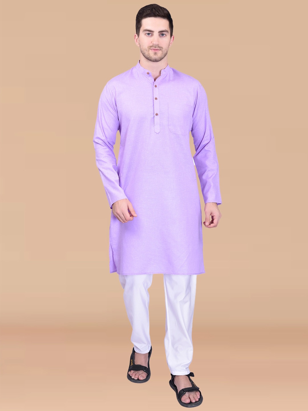 

PRINTCULTR Band Collar Long Sleeves Pure Cotton Kurta with Trousers, Purple