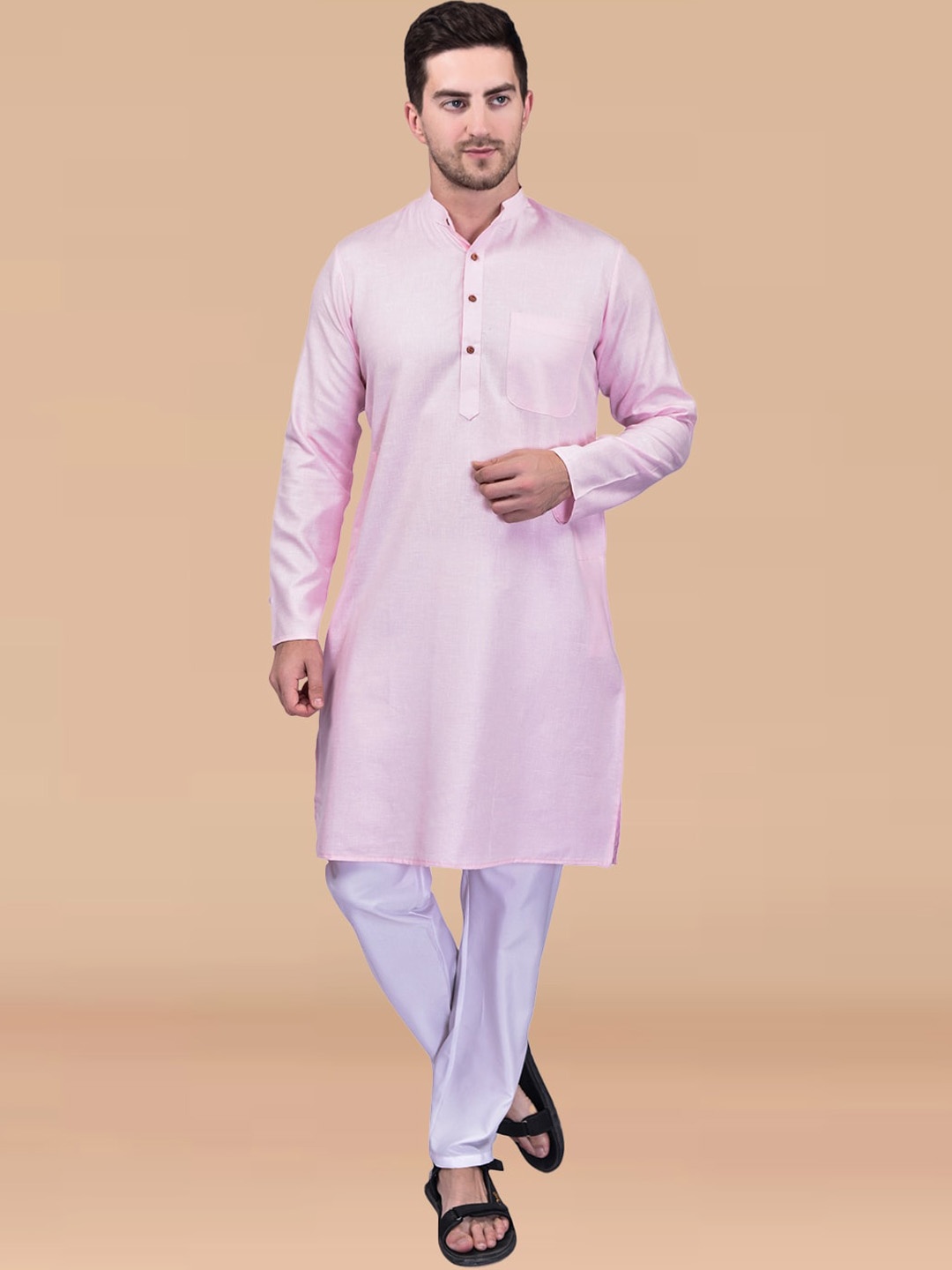 

PRINTCULTR Band Collar Pure Cotton Straight Kurta With Pyjama, Pink