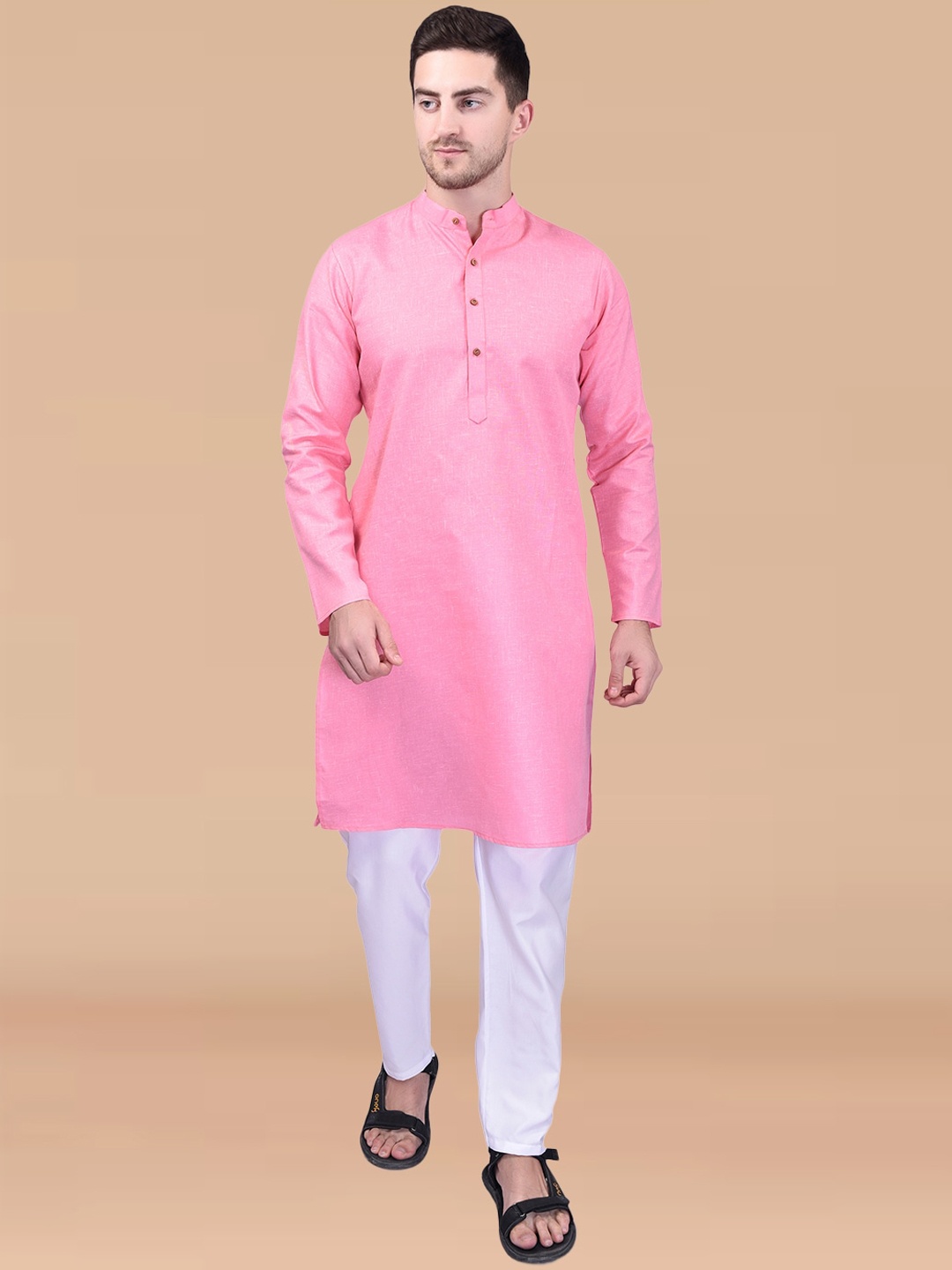 

PRINTCULTR Band Collar Pure Cotton Straight Kurta With Trouser, Pink