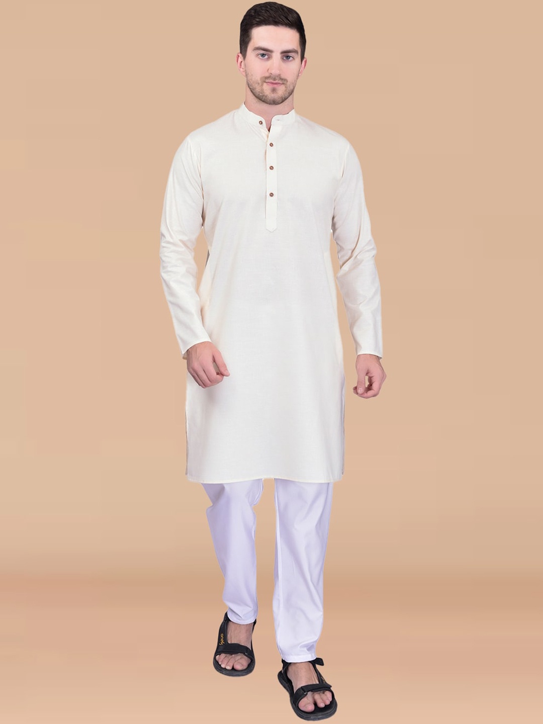 

PRINTCULTR Band Collar Pure Cotton Straight Kurta With Pyjama, Cream