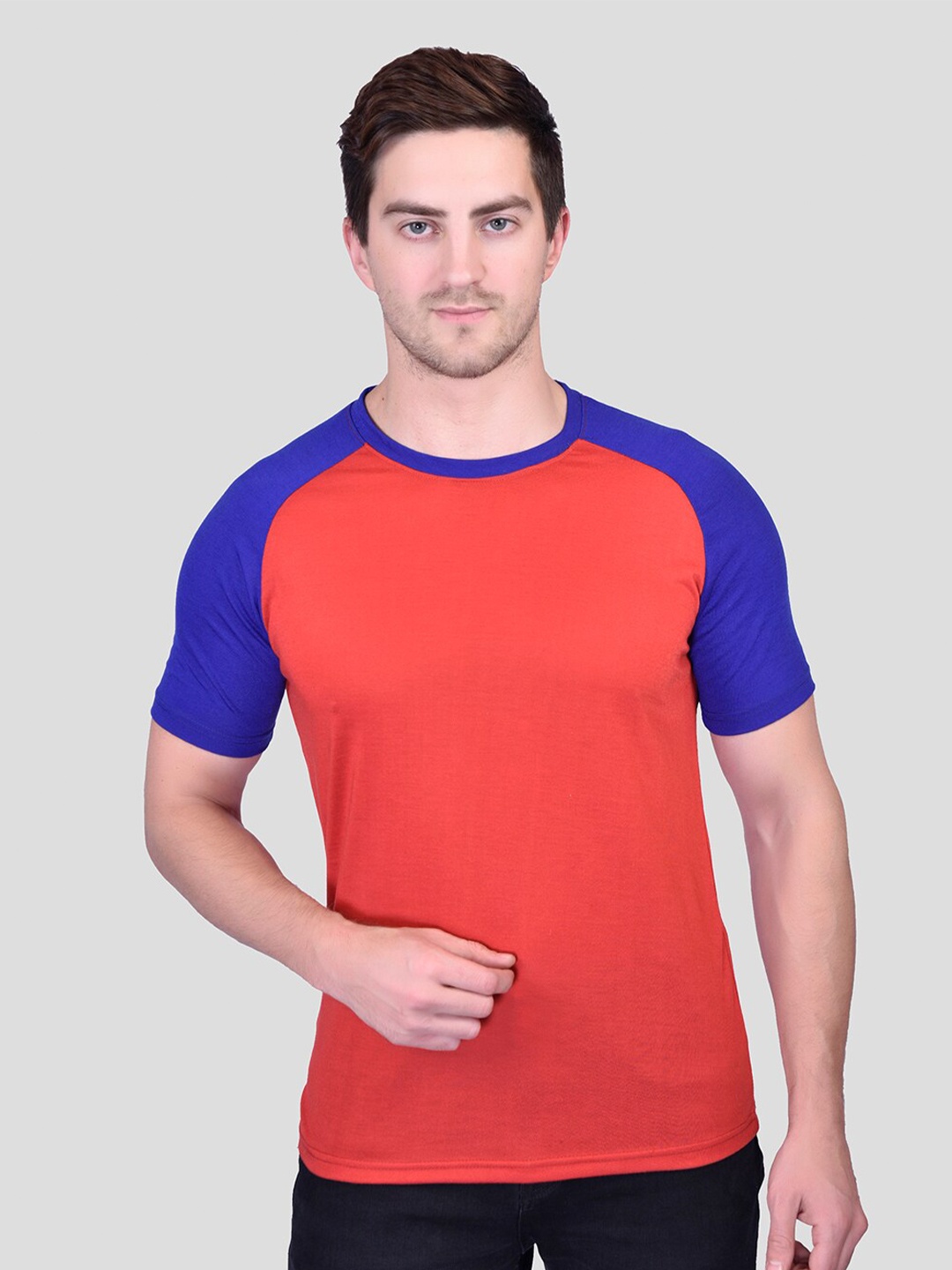 

PRINTCULTR Colourblocked Round Neck Raglan Sleeves Cotton T-shirt, Red