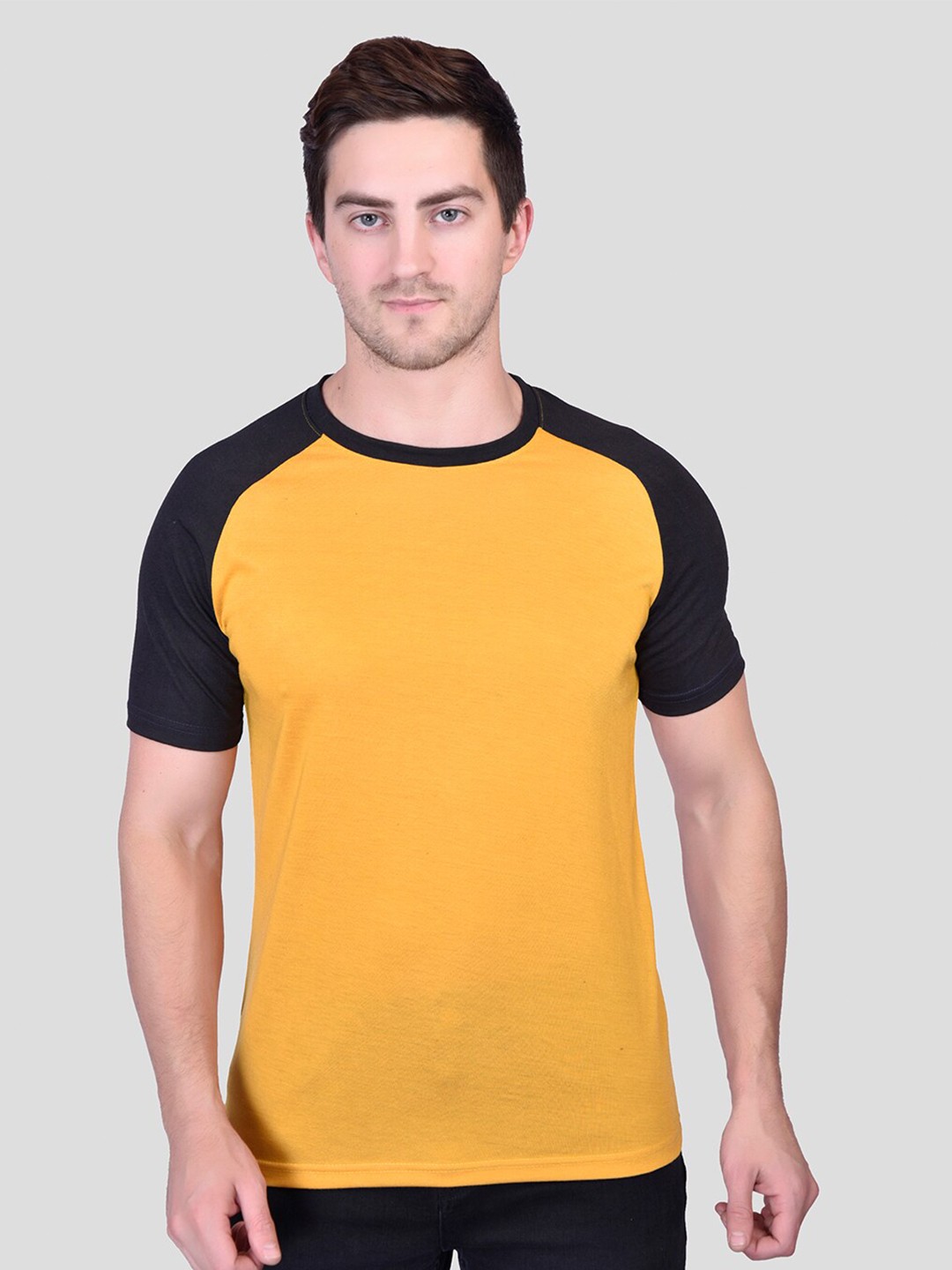 

PRINTCULTR Colourblocked Round Neck Raglan Sleeves Cotton T-shirt, Yellow