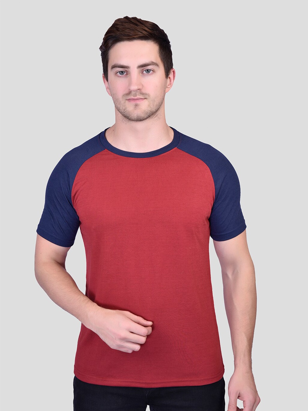 

PRINTCULTR Colourblocked Raglan Sleeves Cotton T-shirt, Maroon