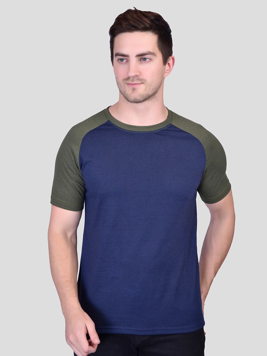 

PRINTCULTR Colourblocked Round Neck Raglan Sleeves Cotton T-shirt, Navy blue