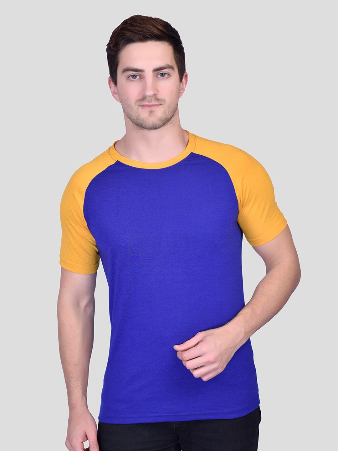 

PRINTCULTR Colourblocked Raglan Sleeves Cotton T-shirt, Blue