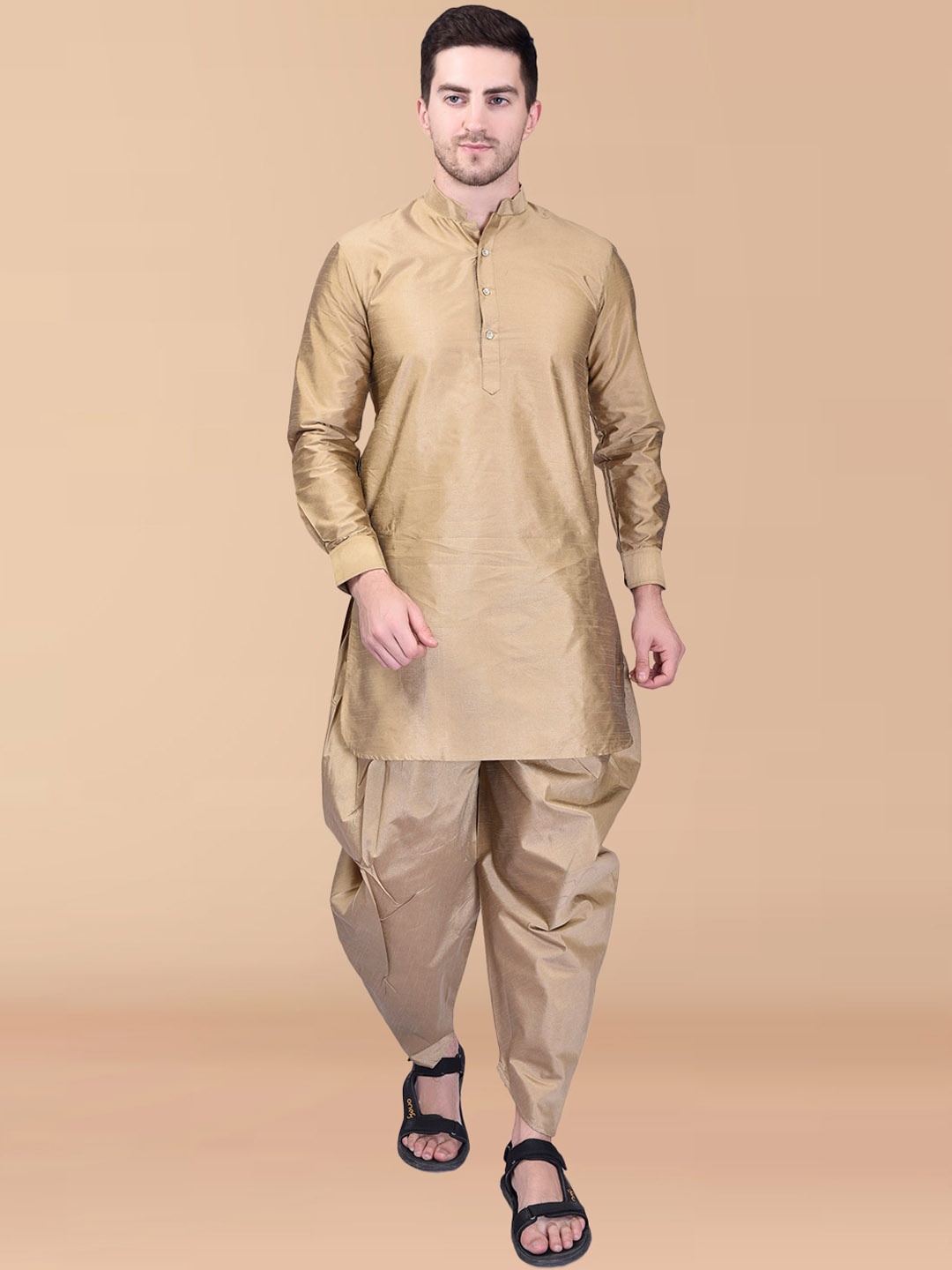 

PRINTCULTR Mandarin Collar Pure Silk Kurta with Dhoti Pants, Gold