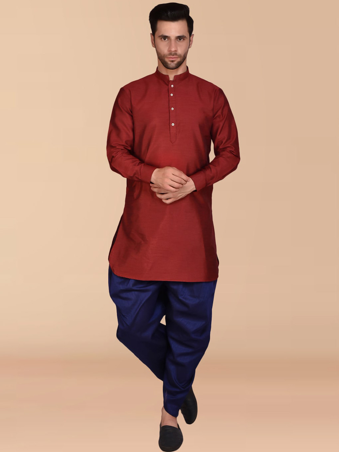 

PRINTCULTR Mandarin Collar Pure Silk Kurta with Dhoti Pants, Maroon
