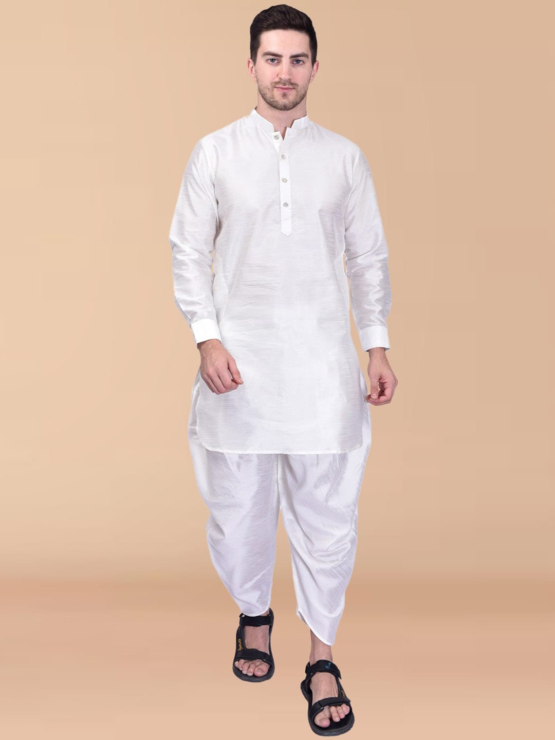 

PRINTCULTR Mandarin Collar Pure Silk Kurta with Dhoti Pants, White