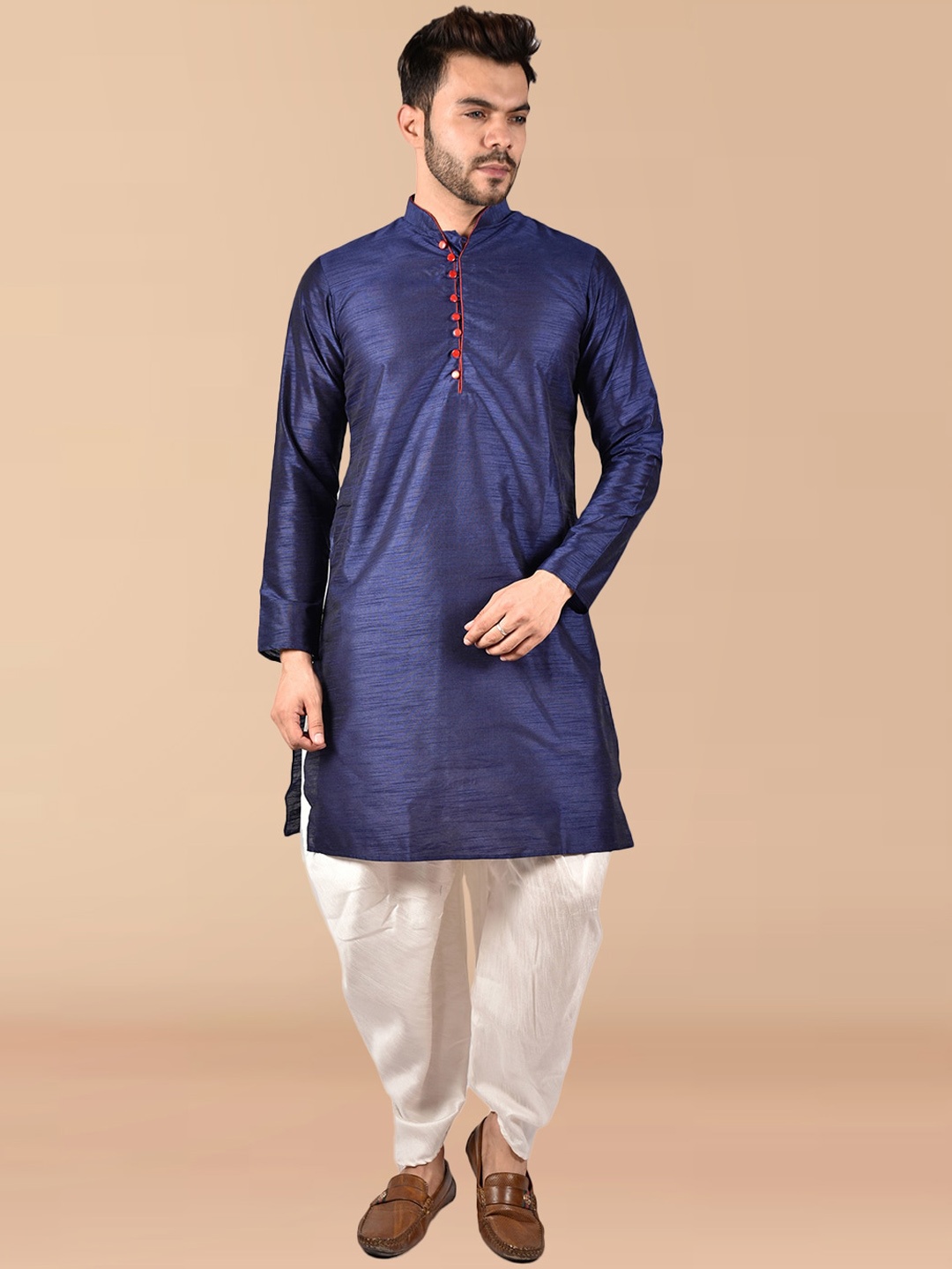 

PRINTCULTR Mandarin Collar Pure Silk Kurta with Dhoti Pants, Navy blue