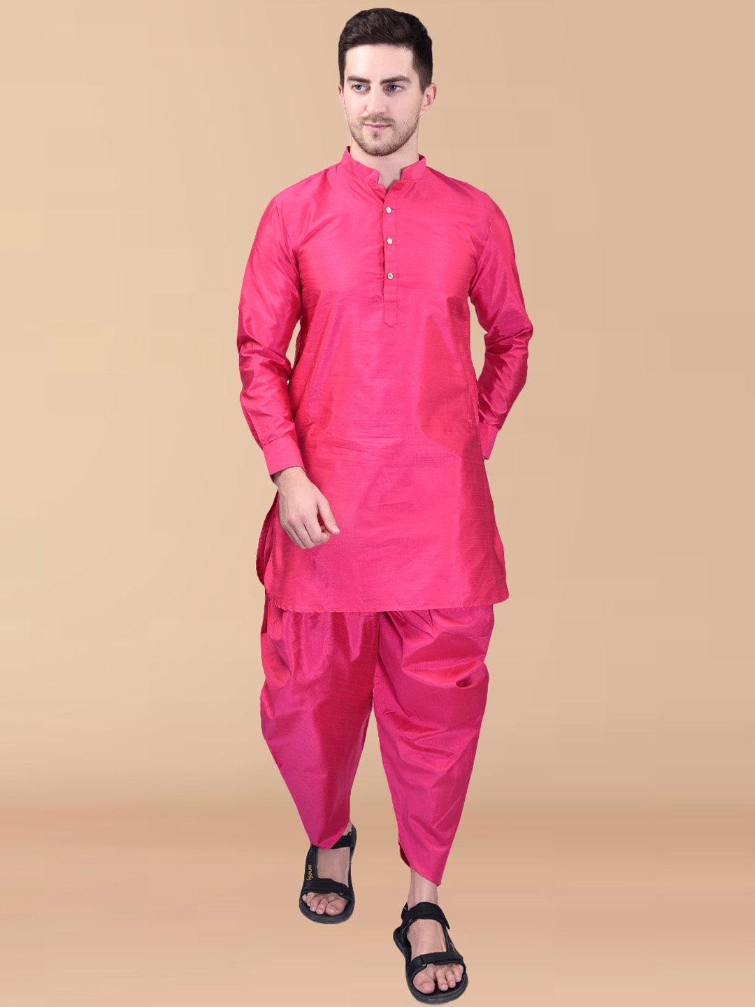 

PRINTCULTR Mandarin Collar Pure Silk Regular Kurta with Harem Pants, Pink