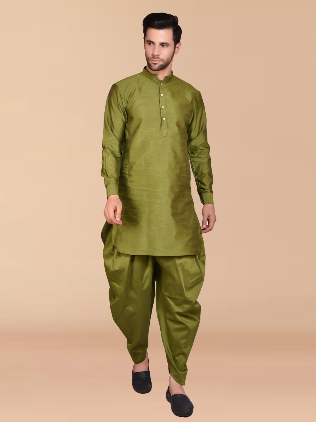 

PRINTCULTR Mandarin Collar Pure Silk Straight Kurta with Dhoti Pants, Green