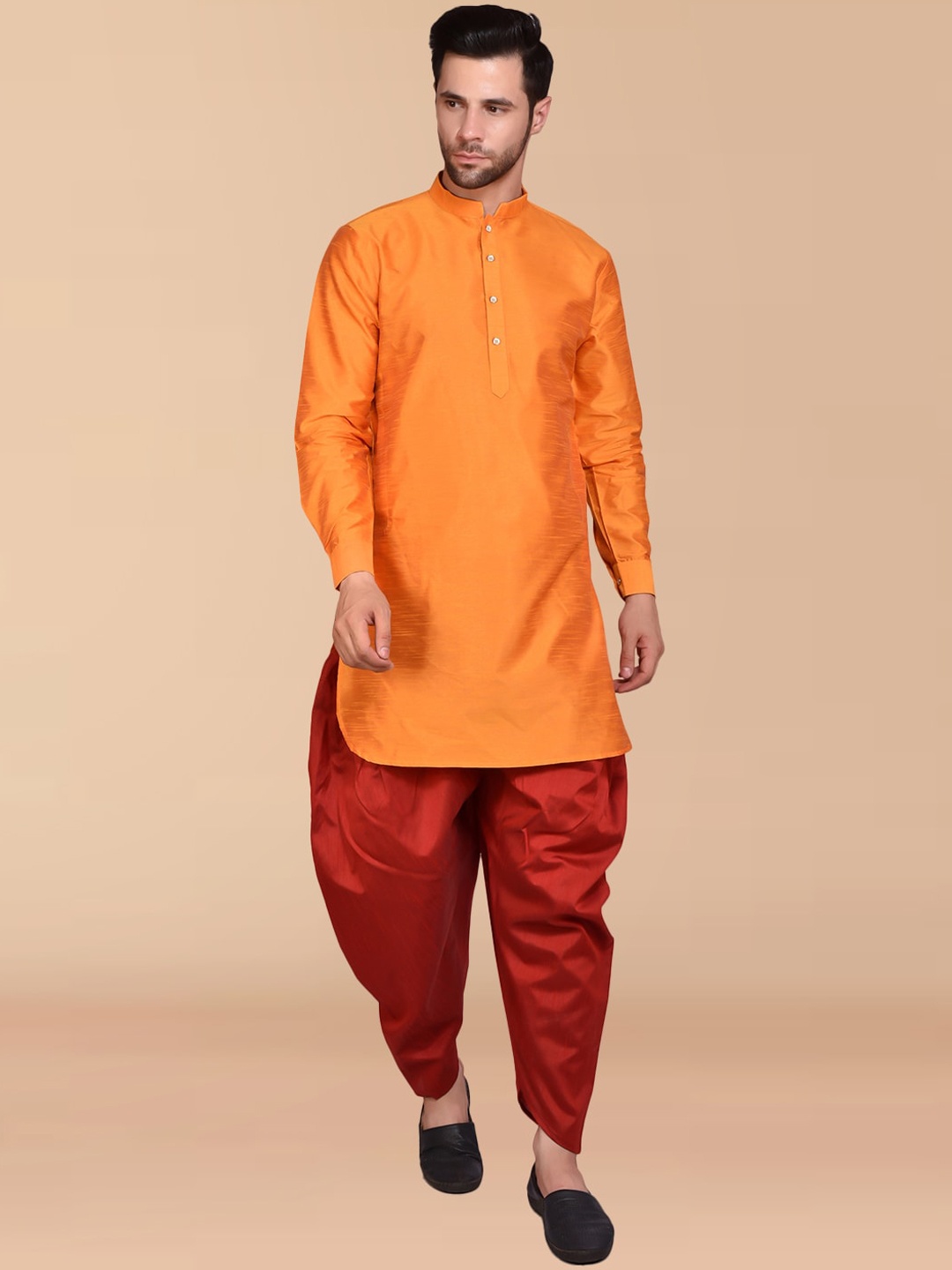 

PRINTCULTR Mandarin Collar Pure Silk Kurta with Dhoti Pants, Orange