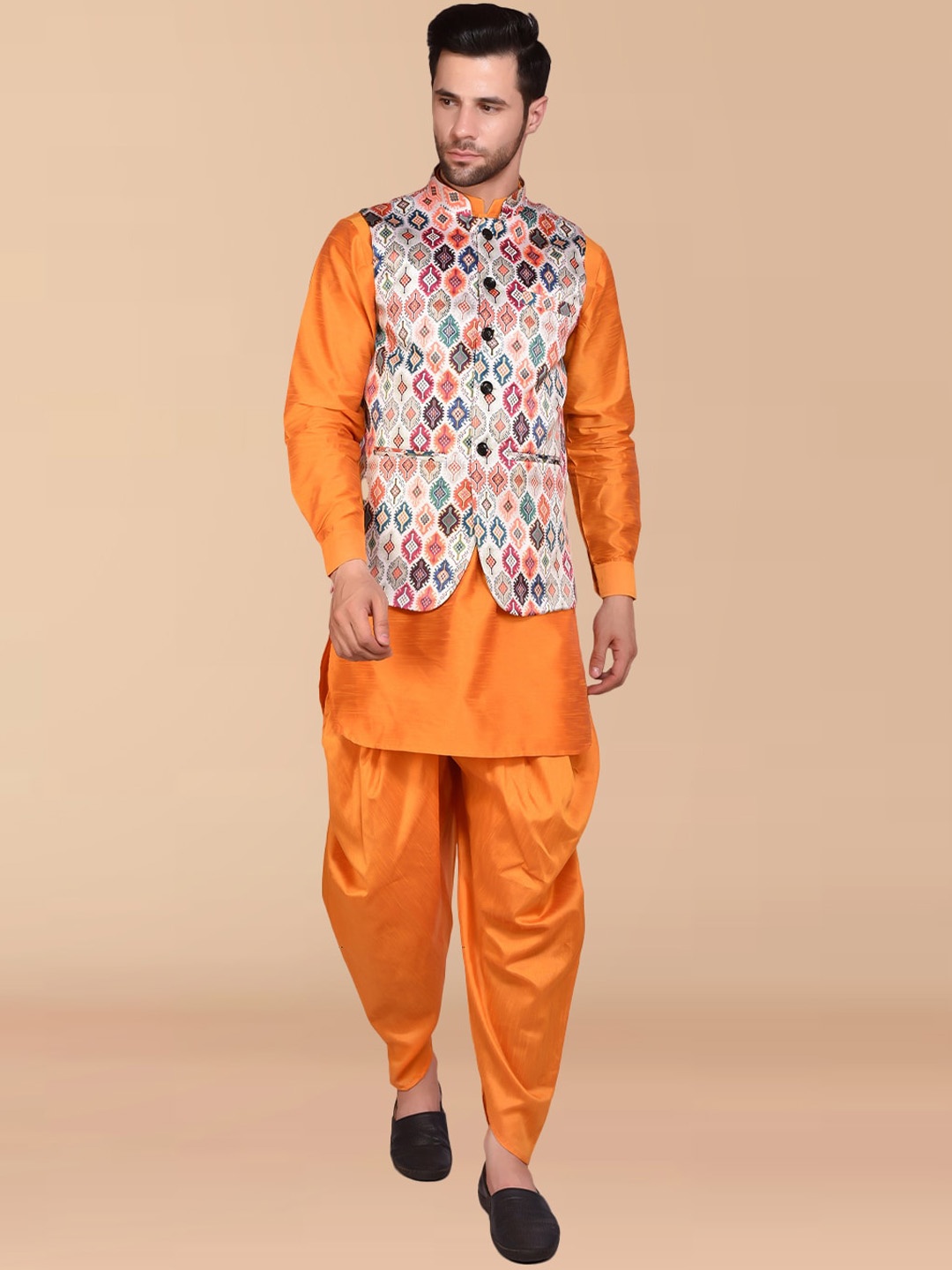 

PRINTCULTR Band Collar Pure Silk Straight Kurta & Dhoti Pants with Nehru jacket, Orange