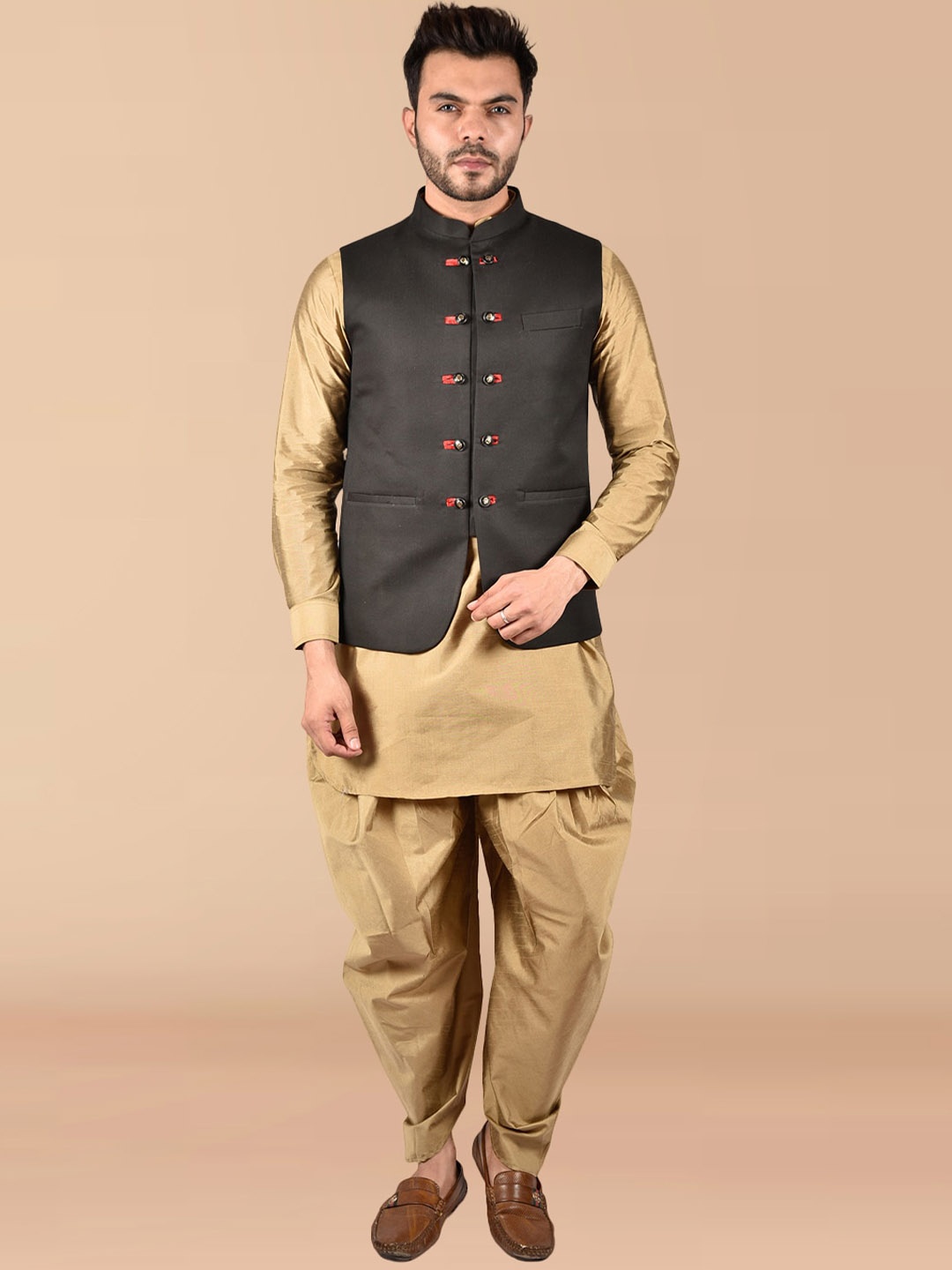 

PRINTCULTR Mandarin Collar Pure Silk Kurta & Dhoti Pants With Nehru jacket, Beige