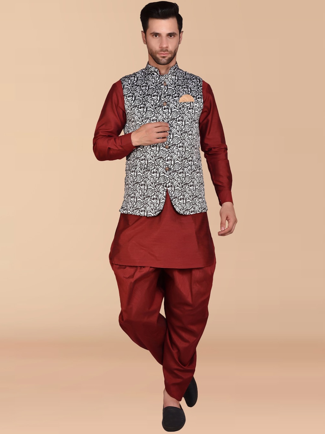

PRINTCULTR Mandarin Collar Pure Silk Kurta with Harem Pants & Nehru Jacket, Maroon