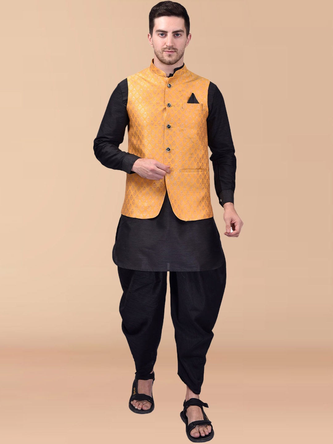 

PRINTCULTR Mandarin Collar Long Sleeve Regular Pure Silk Kurta Set With Nehru jacket, Black