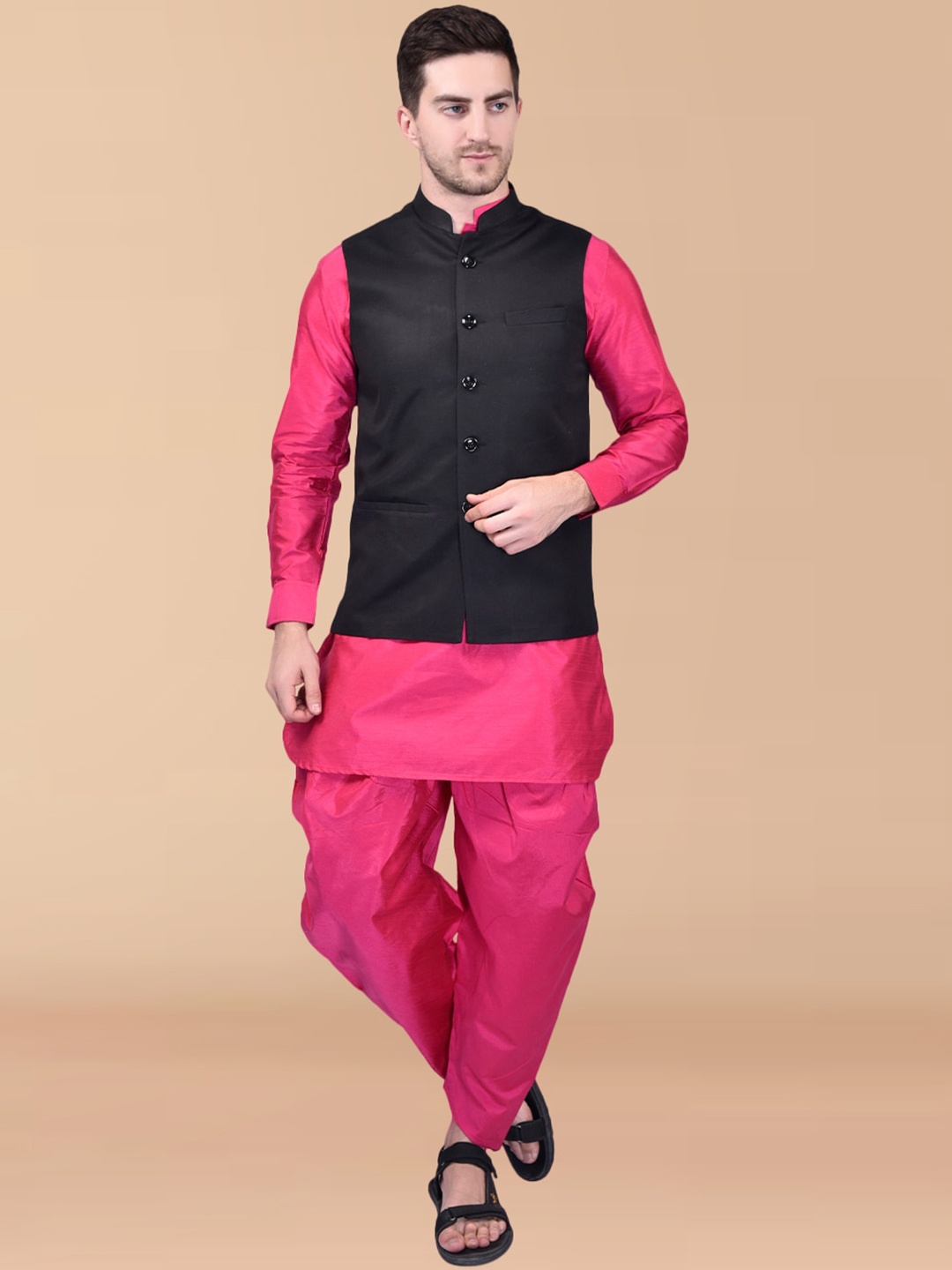 

PRINTCULTR Mandarin Collar Long Sleeve Regular Pure Silk Kurta Set With Nehru jacket, Pink