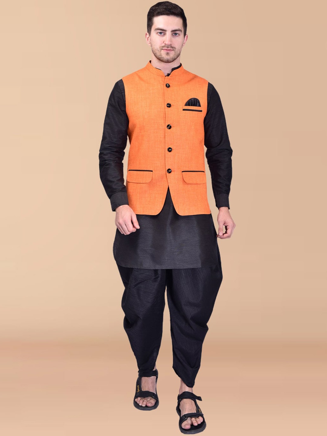 

PRINTCULTR Pure Silk Kurta With Dhoti Pants, Black