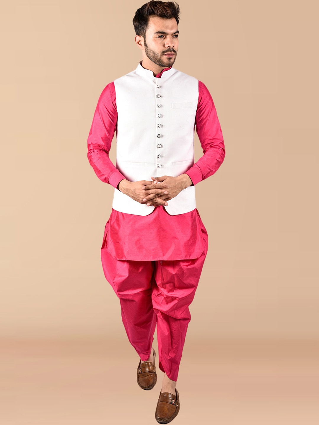 

PRINTCULTR Pure Silk Kurta With Dhoti Pants, Pink