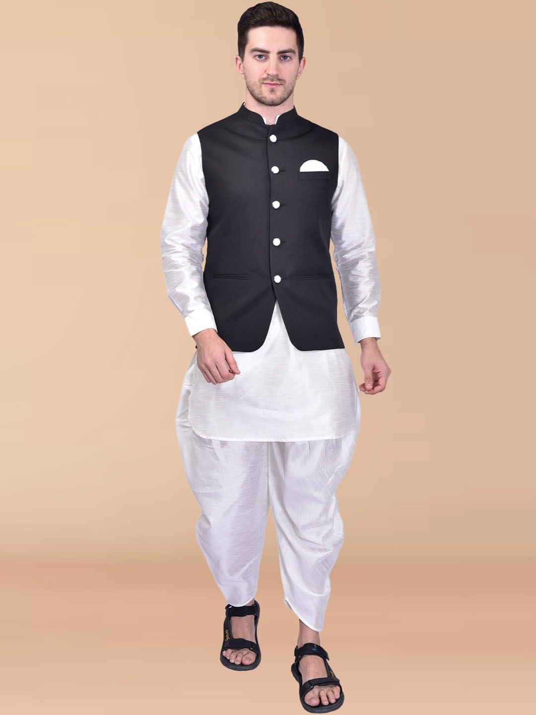 

PRINTCULTR Regular Pure Silk Kurta & Harem Pants With Nehru jacket, White