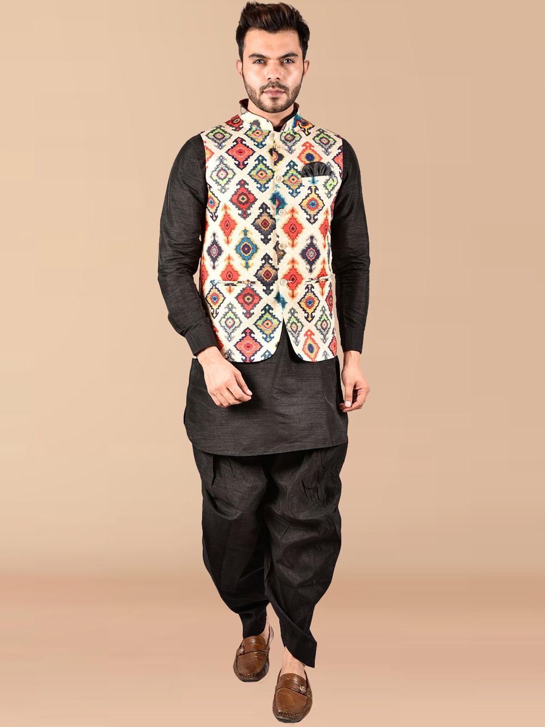 

PRINTCULTR Pure Silk Mandarin Collar Kurta With Dhoti Pant & Nehru jacket, Black
