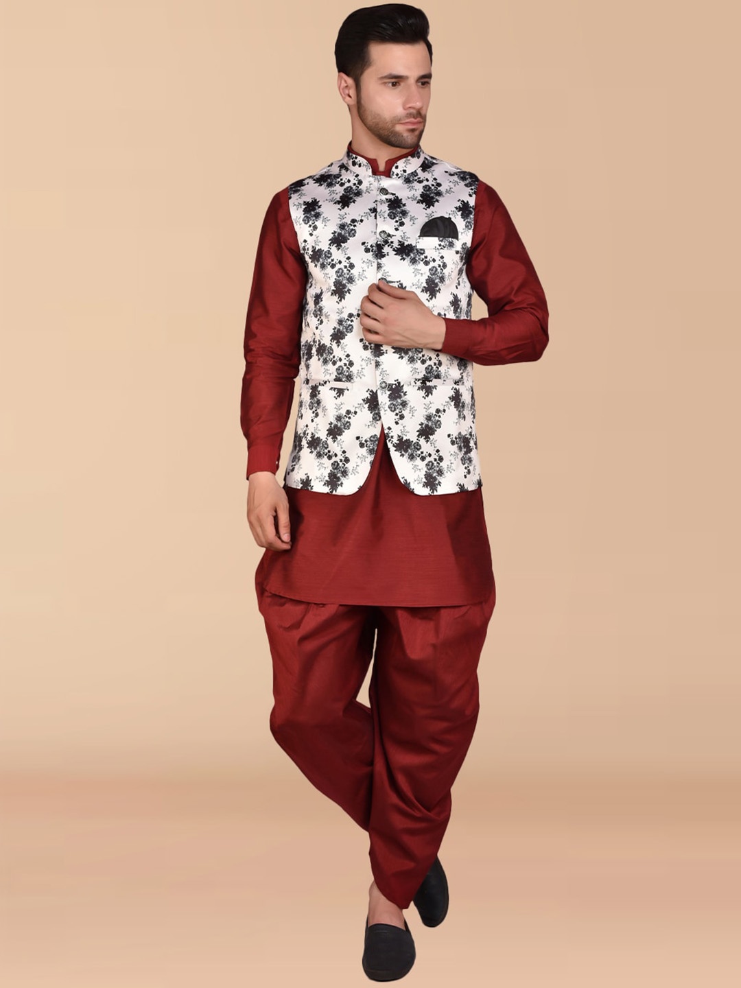 

PRINTCULTR Pure Silk Mandarin Collar Kurta With Dhoti Pant & Nehru jacket, Brown