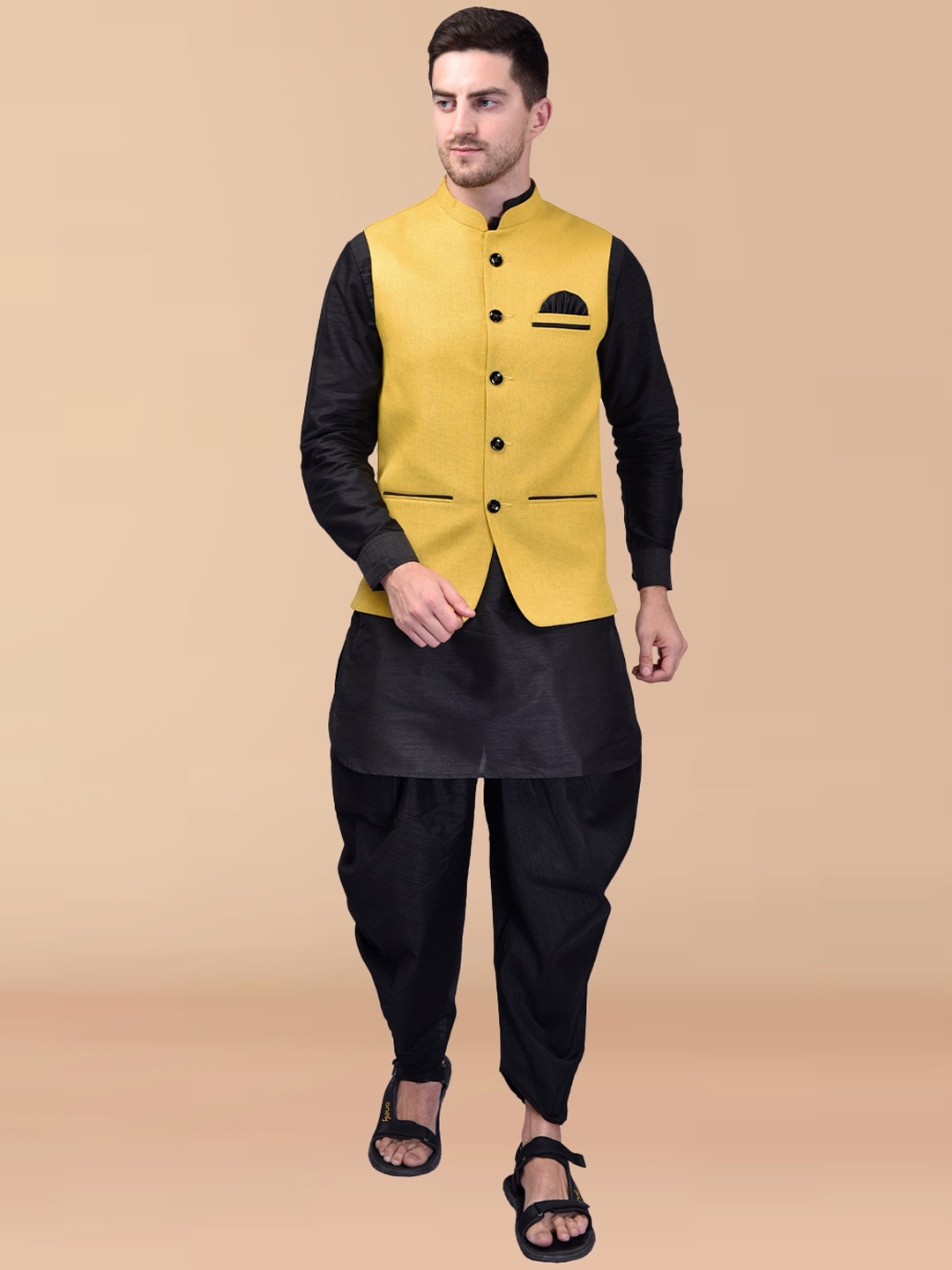 

PRINTCULTR Mandarin Collar Pure Silk Straight Kurta With Dhoti Pants & Nehru Jacket, Black