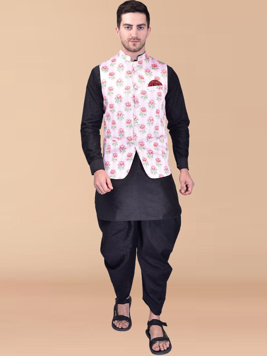 

PRINTCULTR Mandarin Collar Regular Pure Silk Kurta With Harem Pants & Nehru jacket, Black