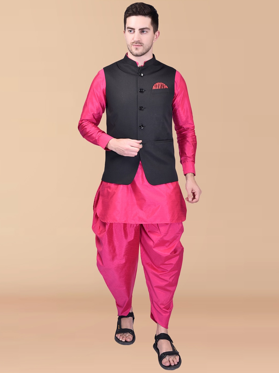 

PRINTCULTR Mandarin Collar Regular Pure Silk Kurta With Harem Pants & Nehru jacket, Pink