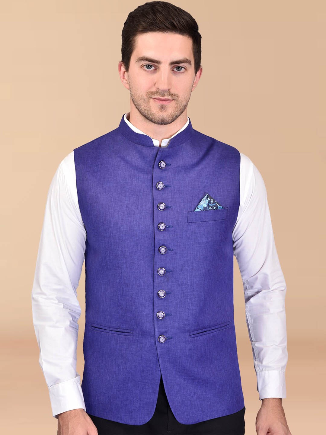

PRINTCULTR Mandarin Collar Nehru Jacket, Blue