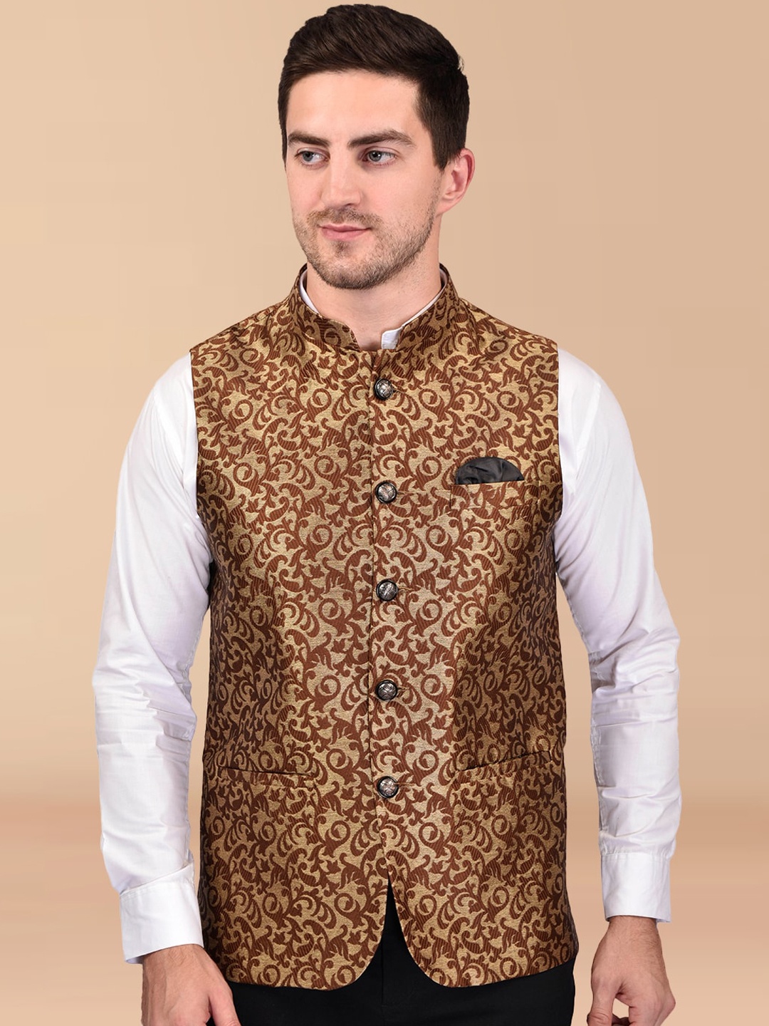 

PRINTCULTR Woven Design Mandarin Collar Nehru Jacket, Brown