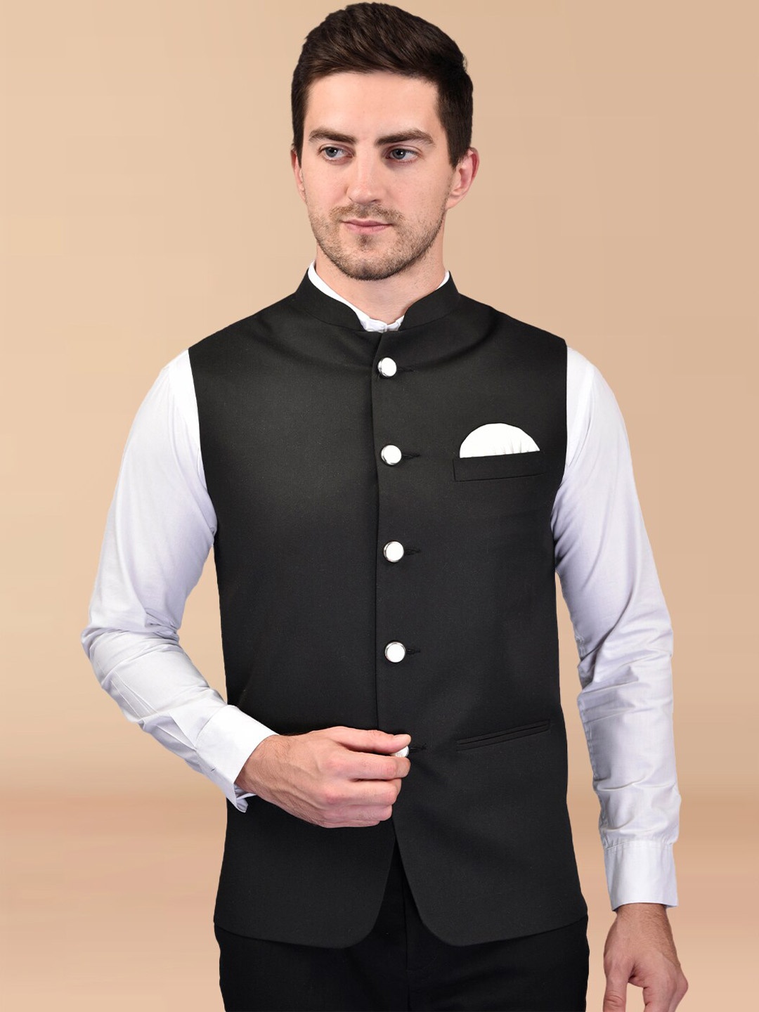 

PRINTCULTR Mandarin Collar Woven Nehru Jackets, Black