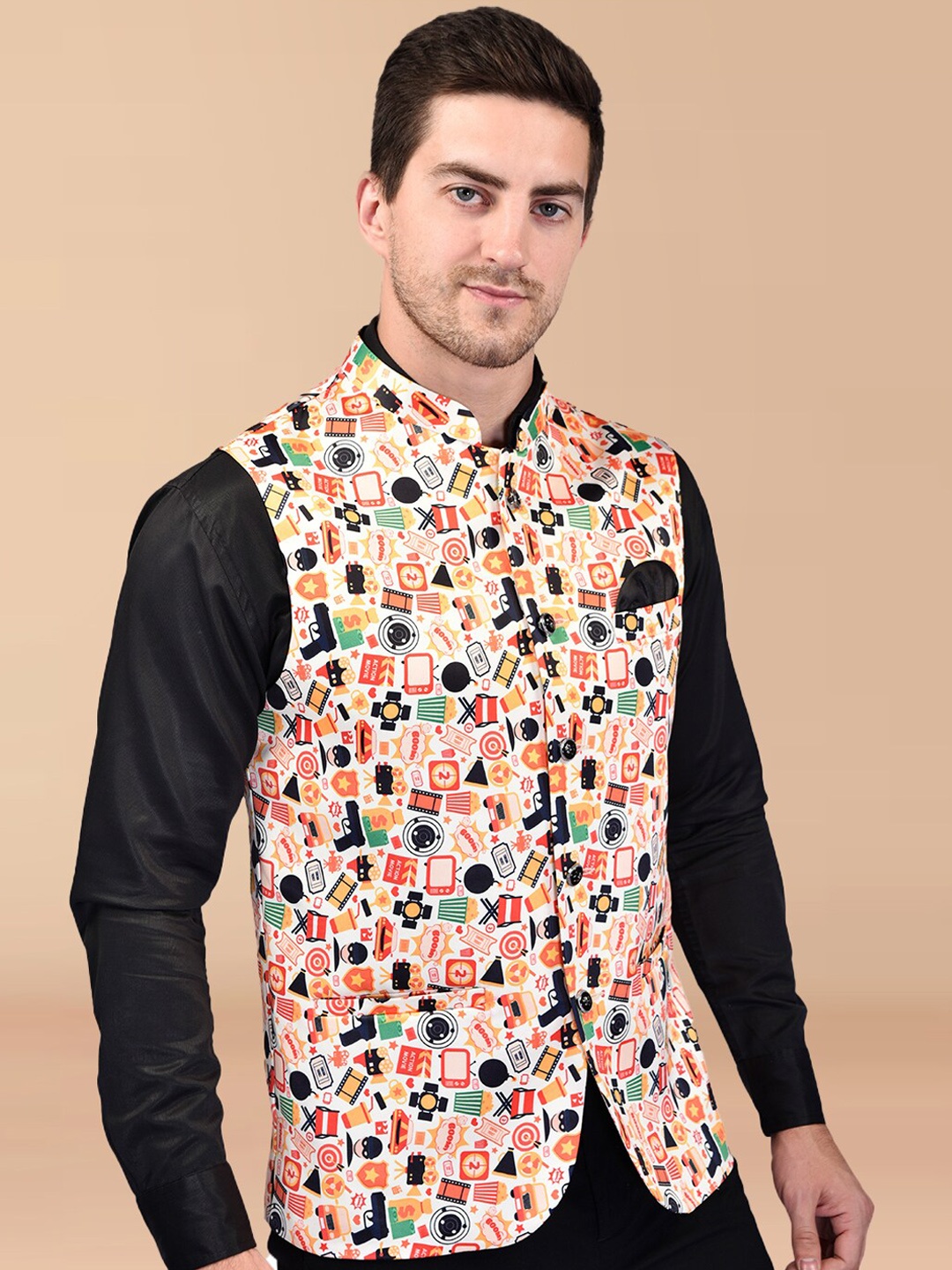 

PRINTCULTR Graphic Printed Mandarin Collar Nehru Jackets, White