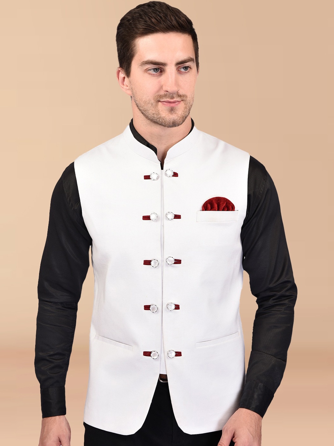 

PRINTCULTR Mandarin Collar Nehru Jacket, White