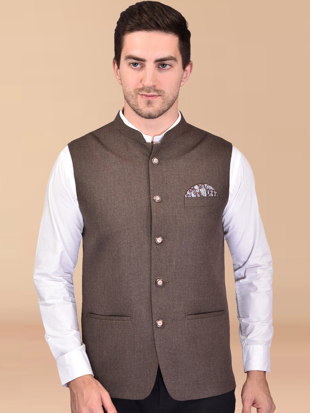 

PRINTCULTR Mandarin Collar Nehru Jacket, Brown